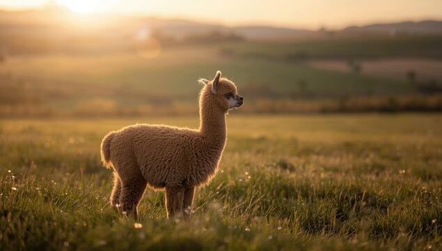 Alpaca with thick brown fleece grazing in a meadow at dusk, focusing on fleece texture, rural landscape, Earth Day - Powered by Adobe