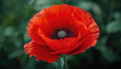 Macro shot of a crimson anemone blossom focusing on the stamens and flowing petals, illustrating floral details, International Pollinator Month