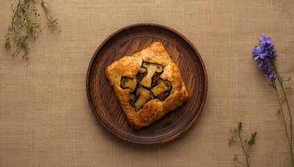 Baked puff pastry with mushrooms placed on a jute surface, emphasizing food styling and texture for culinary display