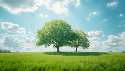 Fototapeta premium Group of trees in a meadow used as a scenic outdoor setting for nature scenes, illustrating rural preservation