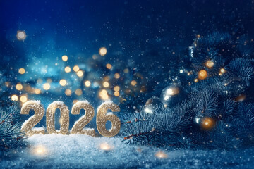 Chiffres dor&eacute;s 2026 pos&eacute;s dans la neige avec branche de sapin givr&eacute;e et lumi&egrave;res bokeh bleu et or en arri&egrave;re-plan, d&eacute;cor festif hivernal pour nouvel an, Saint Sylvestre et f&ecirc;tes de fin d&rsquo;ann&eacute;e