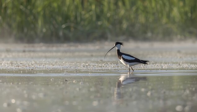 A recurvirostra avocetta standing in water, emphasizing feeding behavior in wetland habitat