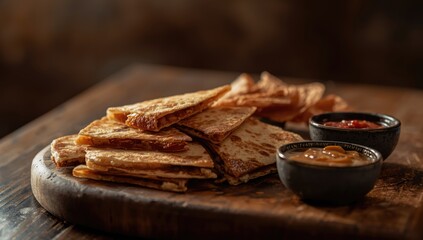 Detailed view of crispy quesadillas accompanied by handcrafted sauces on a rustic wooden surface, focusing on culinary craftsmanship