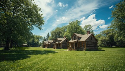 Obraz premium Cluster of small wooden houses situated in a park, with nearby forest, emphasizing rustic vacation or rural housing