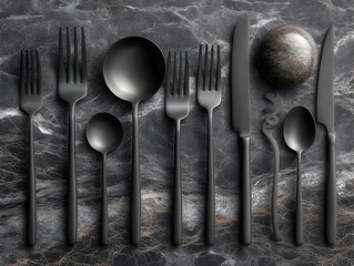 Elegant silverware cutlery set composed of knife, forks and spoons is lying on a white tablecloth background, ready for a fancy dinner or a special occasion