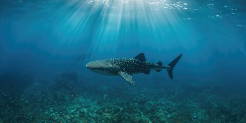Fototapeta premium Whale shark, the largest fish in the ocean, swimming near the surface, marine biodiversity awareness