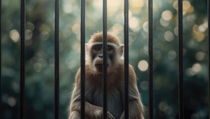 A lone monkey in a zoo setting with a soft-focus background, highlighting wildlife conservation