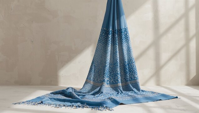 Uzbekistan's handmade silk fabric featuring blue ikat motifs and oriental ornaments, ideal for cultural textiles