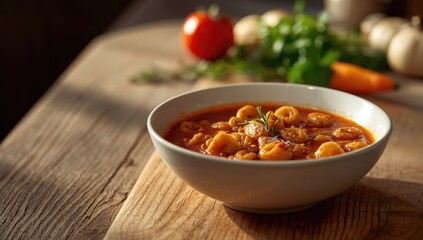 Italian-style pasta paired with borlotti bean broth, highlighting plant-based protein sources in a hearty soup