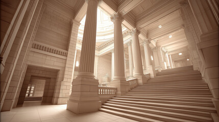 neoclassical. Grand neoclassical architecture with detailed pillars and staircase, embodying timeless elegance and design. real-estate listings.