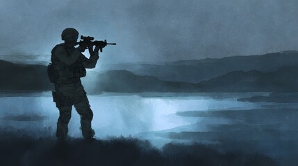 Silent Sentinel A Lone Soldier Observes Infrared Heat Signatures on a Night Landscape Illustration