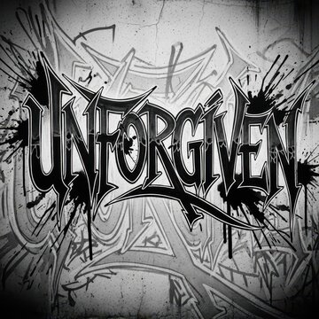 Intense black and white gothic lettering design displayed over a faded background mural