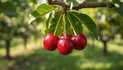 Obraz premium Vivid cherries hanging from a branch showcase ripe fruit on cherry trees, focusing on fruit maturity and harvest readiness