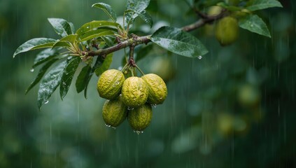 Green walnut attached to tree branch in rainy weather, illustrating fruit development in wet conditions, Earth Day