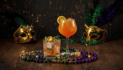 Fototapeta premium Cocktail glasses and ornate masks set against a dark textured surface for seasonal festivities