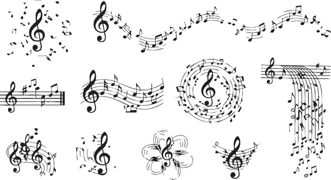 Collection of black musical notes and treble clefs in various decorative arrangements and patterns.