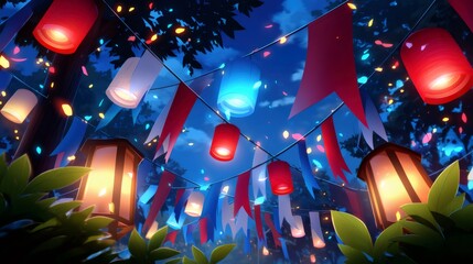 Colorful paper lanterns and flags illuminating a nighttime celebration