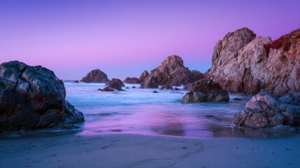 Peaceful Rocky Seashore at Sunset with Soft Pastel Sky and Waves