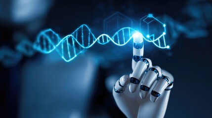 Artificial Intelligence Concept with Robot Hand and Glowing DNA Structure