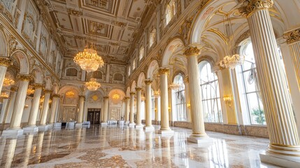 Obraz premium Luxurious Classical Palace Hall with Golden Chandeliers and Marble Floor