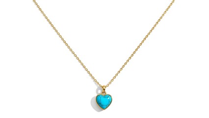 A delicate golden chain necklace featuring a vibrant turquoise heart shaped pendant presented on a clean white