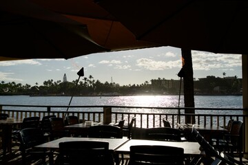 A restaurant overlooking Kailua Bay bathed in the sunset