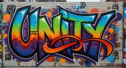 Vibrant, multicolored street artwork spells out a word on a textured brick wall surface