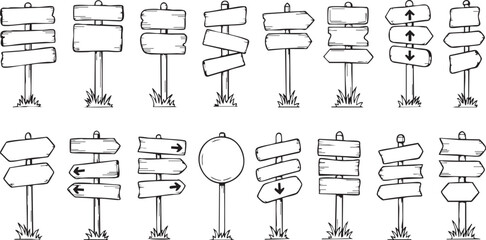 A collection of hand-drawn sketch-style wooden signposts and directional arrows, perfect for rustic design elements.