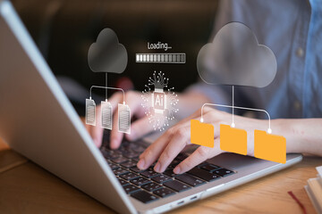 Businessman using cloud data service to upload download transfer files and document to online storage database server ai artificial intelligence in data analysis, digital information concept