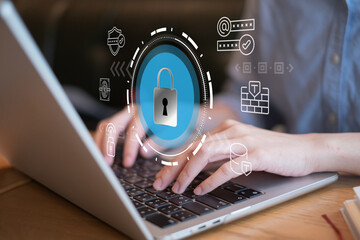 Laptop internet user padlock shield connection computer cybersecurity data information technology network online digital information system protection password concept