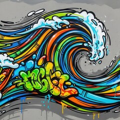 Vibrant depiction of a stylized ocean wave incorporating colorful abstract lines and bubble style lettering on a muted background
