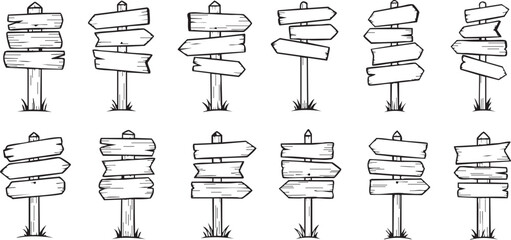 Hand-drawn cartoon vector illustration set of various blank wooden signposts and road signs, isolated on white background.