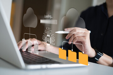 Person using ai artificial intelligence data analysis with cloud server service for upload download online file document storage, digital technology information concept