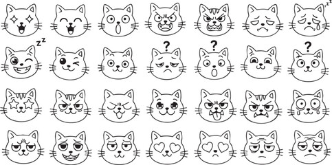 A collection of cute cartoon cat faces displaying various emotions and expressions in black and white line art.