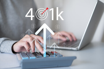 Naklejka premium Person using smartphone calculator in 401k retirement finance economy budget management planning money saving wealth banking concept