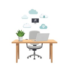 Fototapeta premium Flat vector illustration of a remote work desk with laptop and cloud computing icons. Concept of digital workspace, online collaboration, cloud technology