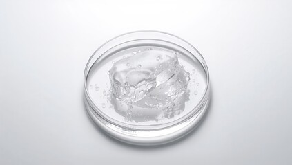 Clear gel sample in a Petri dish used for cosmetic R&D, emphasizing structural examination