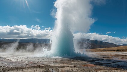 Active geyser spewing hot water and steam in a geothermal landscape high in the Andes, highlighting natural geothermal phenomena