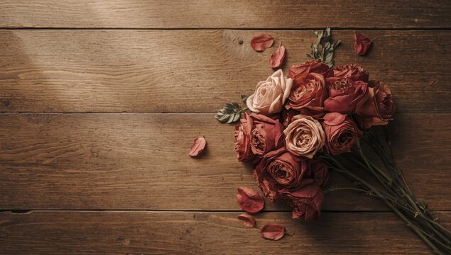 Vintage floral display featuring dried roses on rustic wood, ideal for romantic table settings