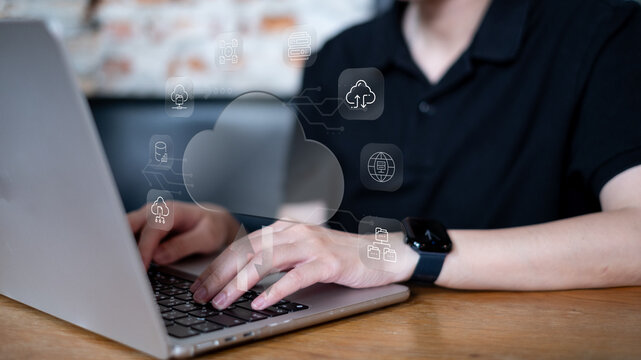 User using cloud service for upload transfer file data online digital information network server storage computer laptop, cloud data futuristic cyberspace technology concept - Powered by Adobe