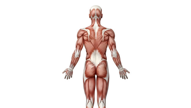 back muscles anatomy illustration showing clearly defined muscle groups, rear upper body view, isolated on white background for medical education.