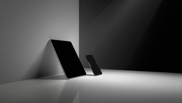 Tablet and mobile phone with screens lit up, serving as a backdrop for UI design and user interface testing - Powered by Adobe