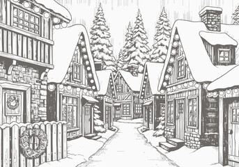 Naklejka premium Charming snow-covered village street decorated for christmas