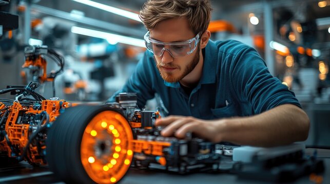 Engineers testing electric motor prototypes in a lab, focusing on battery research