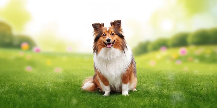 Shetland Shepherd dog resting on lush green grass, outdoor activity and natural environment
