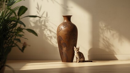 Cat sitting near an oversized vase, highlighting size contrast and calm setting