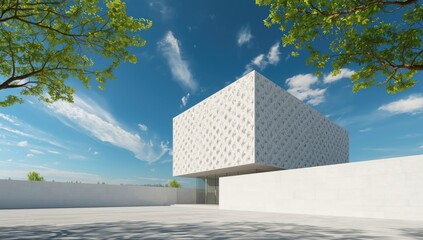 Colorful geometric building exterior serving as layout background for design projects