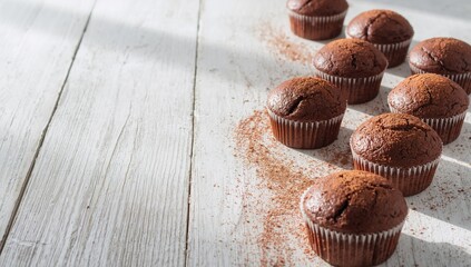 Chocolate muffins baked at home arranged on a white wooden background, suitable for bakery product photography