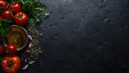 Organic vegetables and herbs on black stone surface with olive oil, emphasizing natural ingredients for layout design
