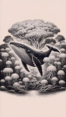 An engraved style whale and jellyfish art, Ai generated image